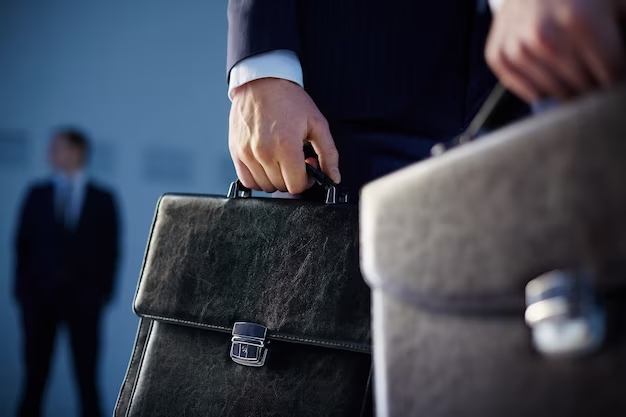 Individuals in business attire with a suitcase