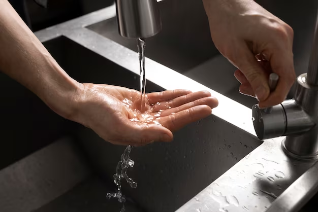 One hand catching water, the other closing the faucet