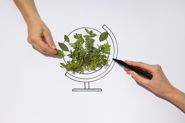 Two hands, one drawing a globe and the other placing leaves on it
