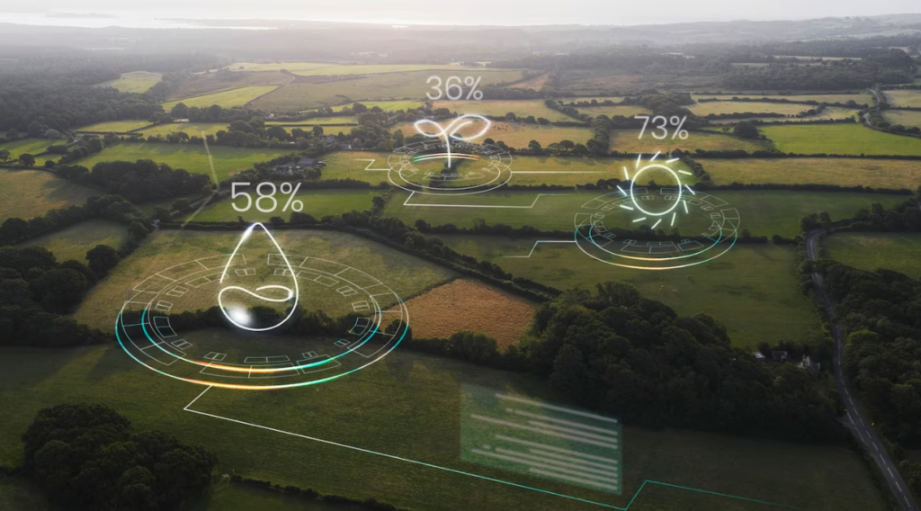Lush landscape overlaid with digital data, highlighting nature and technology integration